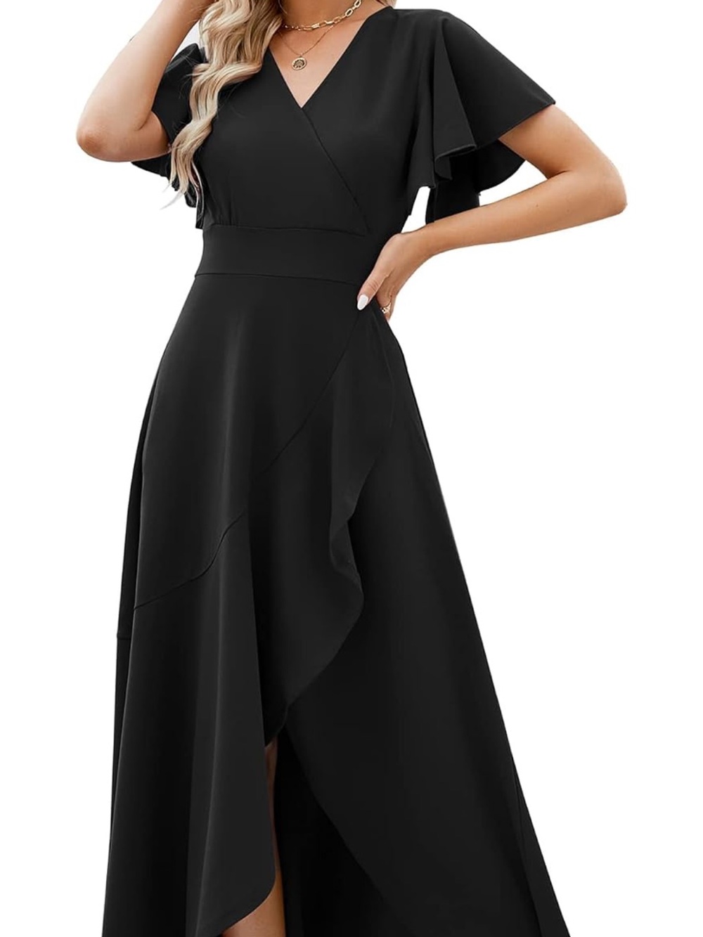 Chic Black Flutter-Sleeve Wrap Maxi Dress